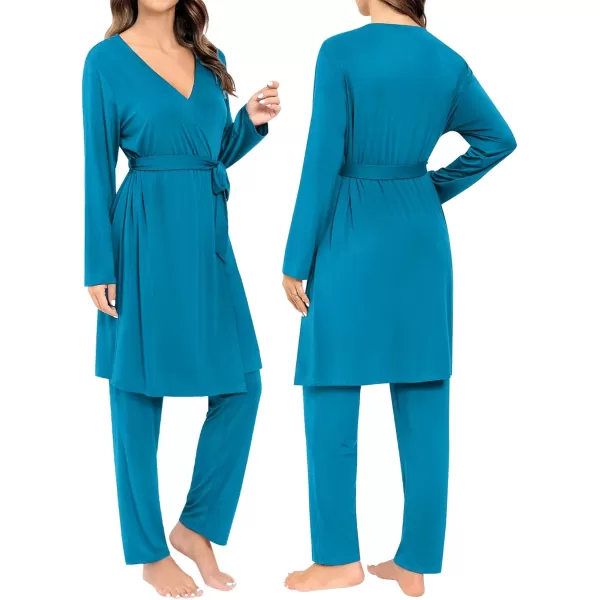 SWOMOG Maternity Nursing Robe Set 3 Piece Breastfeeding Pajamas 3 in 1 Labor Delivery Sleevless TopsLong Pants Pregnancy PjsPeacock Blue