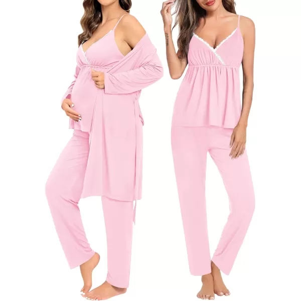 SWOMOG Maternity Nursing Robe Set 3 Piece Breastfeeding Pajamas 3 in 1 Labor Delivery Sleevless TopsLong Pants Pregnancy PjsPink