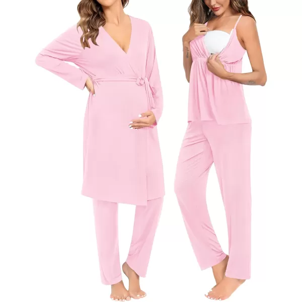 SWOMOG Maternity Nursing Robe Set 3 Piece Breastfeeding Pajamas 3 in 1 Labor Delivery Sleevless TopsLong Pants Pregnancy PjsPink