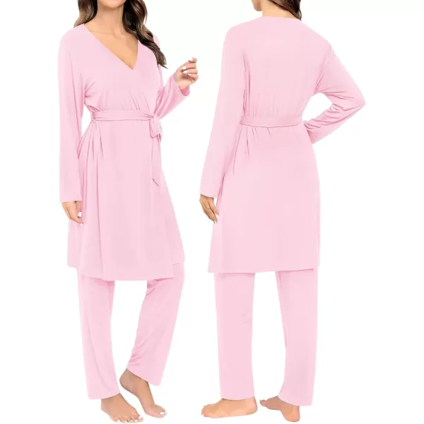 SWOMOG Maternity Nursing Robe Set 3 Piece Breastfeeding Pajamas 3 in 1 Labor Delivery Sleevless TopsLong Pants Pregnancy PjsPink