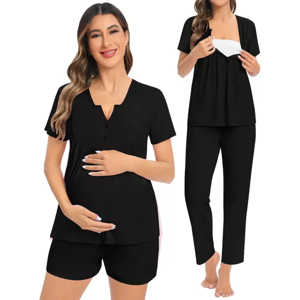 SWOMOG Womens Maternity Nursing Pajama Set 3 Pieces Breastfeeding Sleepwear Set Short Sleeve Pregnancy Pj Set  PantsBlack