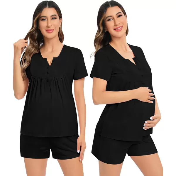 SWOMOG Womens Maternity Nursing Pajama Set 3 Pieces Breastfeeding Sleepwear Set Short Sleeve Pregnancy Pj Set  PantsBlack