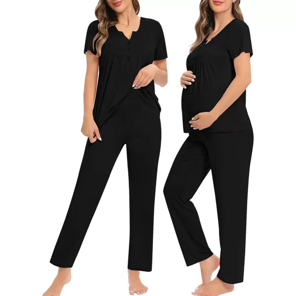 SWOMOG Womens Maternity Nursing Pajama Set 3 Pieces Breastfeeding Sleepwear Set Short Sleeve Pregnancy Pj Set  PantsBlack