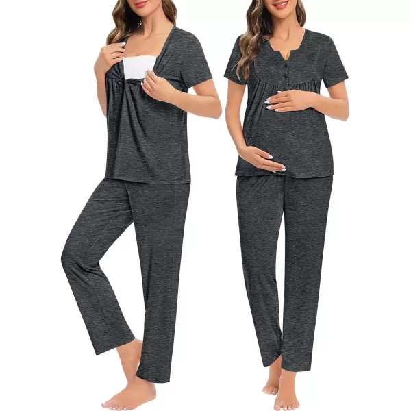 SWOMOG Womens Maternity Nursing Pajama Set 3 Pieces Breastfeeding Sleepwear Set Short Sleeve Pregnancy Pj Set  PantsDeep Grey