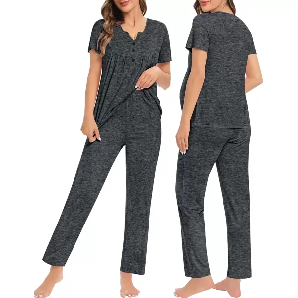 SWOMOG Womens Maternity Nursing Pajama Set 3 Pieces Breastfeeding Sleepwear Set Short Sleeve Pregnancy Pj Set  PantsDeep Grey