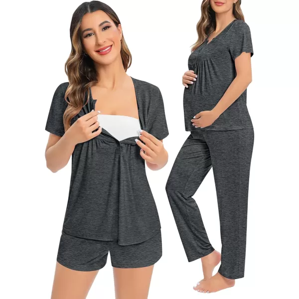 SWOMOG Womens Maternity Nursing Pajama Set 3 Pieces Breastfeeding Sleepwear Set Short Sleeve Pregnancy Pj Set  PantsDeep Grey