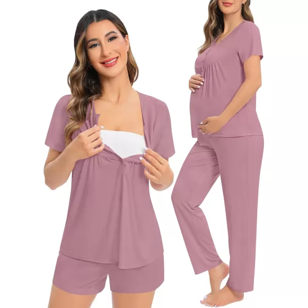 SWOMOG Womens Maternity Nursing Pajama Set 3 Pieces Breastfeeding Sleepwear Set Short Sleeve Pregnancy Pj Set  PantsMisty Rose