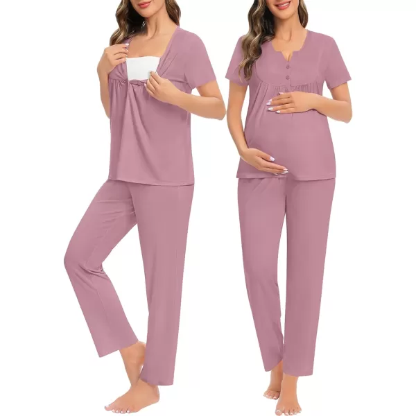 SWOMOG Womens Maternity Nursing Pajama Set 3 Pieces Breastfeeding Sleepwear Set Short Sleeve Pregnancy Pj Set  PantsMisty Rose