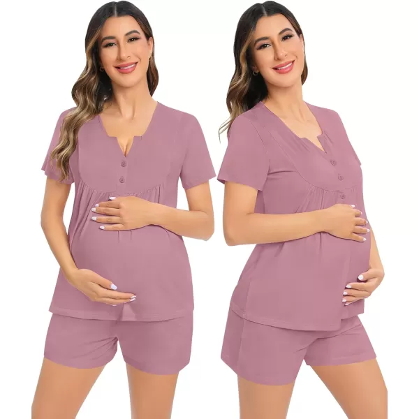 SWOMOG Womens Maternity Nursing Pajama Set 3 Pieces Breastfeeding Sleepwear Set Short Sleeve Pregnancy Pj Set  PantsMisty Rose