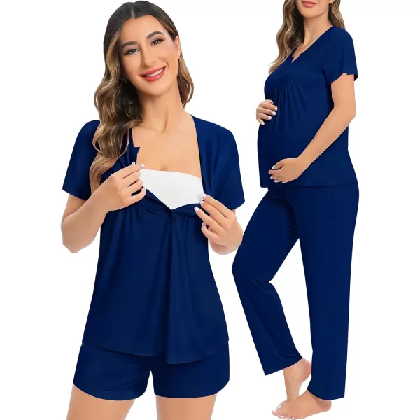 SWOMOG Womens Maternity Nursing Pajama Set 3 Pieces Breastfeeding Sleepwear Set Short Sleeve Pregnancy Pj Set  PantsNavy Blue