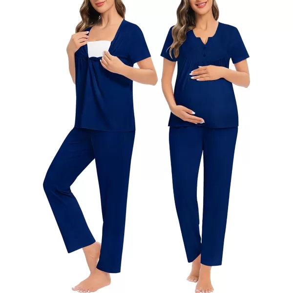 SWOMOG Womens Maternity Nursing Pajama Set 3 Pieces Breastfeeding Sleepwear Set Short Sleeve Pregnancy Pj Set  PantsNavy Blue