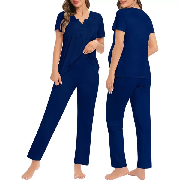 SWOMOG Womens Maternity Nursing Pajama Set 3 Pieces Breastfeeding Sleepwear Set Short Sleeve Pregnancy Pj Set  PantsNavy Blue