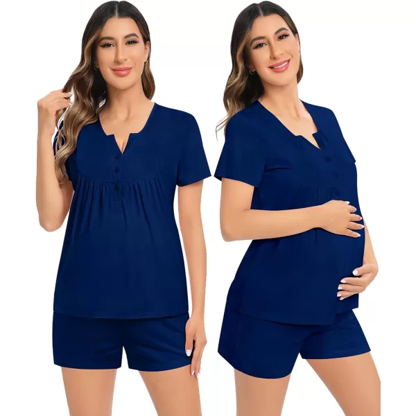 SWOMOG Womens Maternity Nursing Pajama Set 3 Pieces Breastfeeding Sleepwear Set Short Sleeve Pregnancy Pj Set  PantsNavy Blue