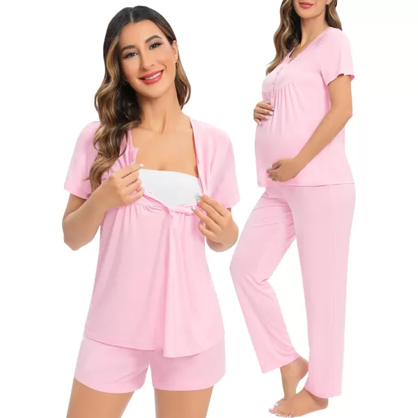 SWOMOG Womens Maternity Nursing Pajama Set 3 Pieces Breastfeeding Sleepwear Set Short Sleeve Pregnancy Pj Set  PantsPink