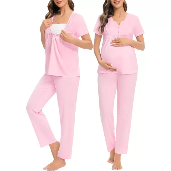 SWOMOG Womens Maternity Nursing Pajama Set 3 Pieces Breastfeeding Sleepwear Set Short Sleeve Pregnancy Pj Set  PantsPink