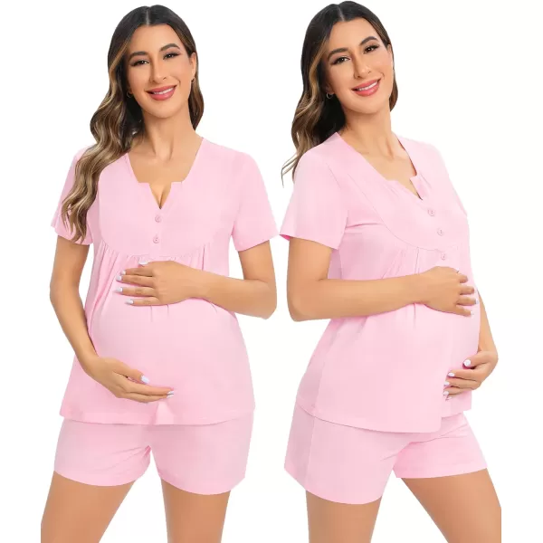 SWOMOG Womens Maternity Nursing Pajama Set 3 Pieces Breastfeeding Sleepwear Set Short Sleeve Pregnancy Pj Set  PantsPink