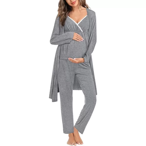 SWOMOG Maternity Nursing Robe Set 3 Piece Breastfeeding Pajamas 3 in 1 Labor Delivery Sleevless TopsLong Pants Pregnancy PjsGrey