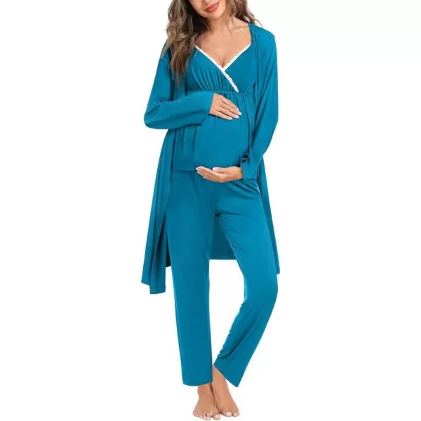 SWOMOG Maternity Nursing Robe Set 3 Piece Breastfeeding Pajamas 3 in 1 Labor Delivery Sleevless TopsLong Pants Pregnancy PjsPeacock Blue