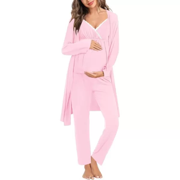 SWOMOG Maternity Nursing Robe Set 3 Piece Breastfeeding Pajamas 3 in 1 Labor Delivery Sleevless TopsLong Pants Pregnancy PjsPink