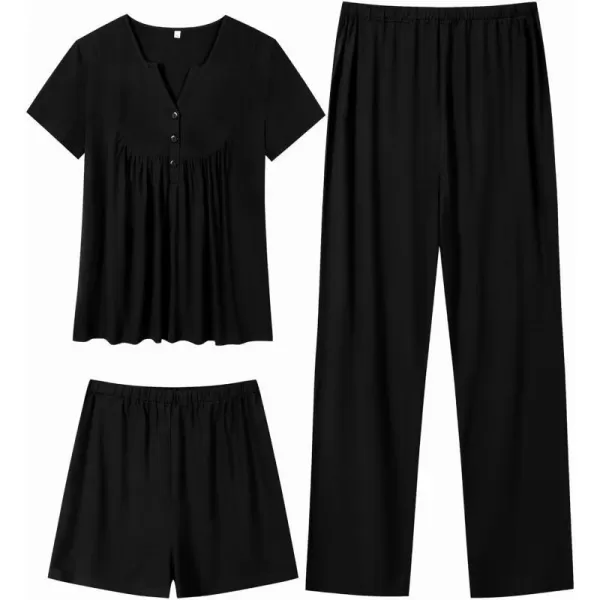 SWOMOG Womens Maternity Nursing Pajama Set 3 Pieces Breastfeeding Sleepwear Set Short Sleeve Pregnancy Pj Set  PantsBlack