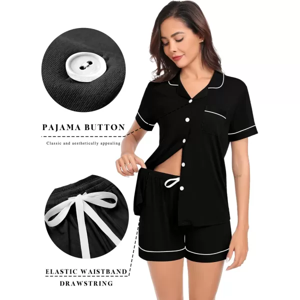 SWOMOG Pajamas for Women Soft Comfy Set Modal Pajama Set Short Sleeve Button Up Pajama Top Pj Shorts SleepwearBlack