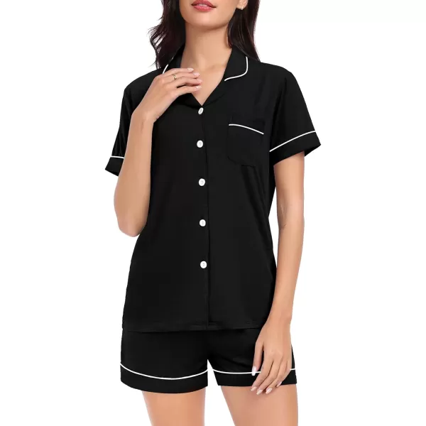 SWOMOG Pajamas for Women Soft Comfy Set Modal Pajama Set Short Sleeve Button Up Pajama Top Pj Shorts SleepwearBlack