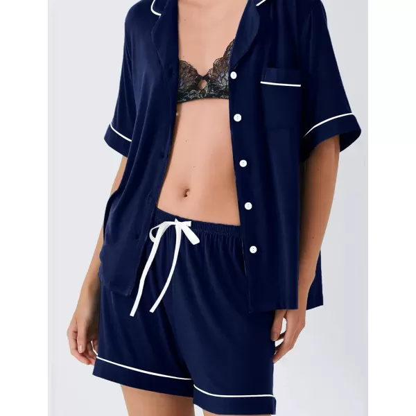 SWOMOG Pajamas for Women Soft Comfy Set Modal Pajama Set Short Sleeve Button Up Pajama Top Pj Shorts SleepwearNavy Blue