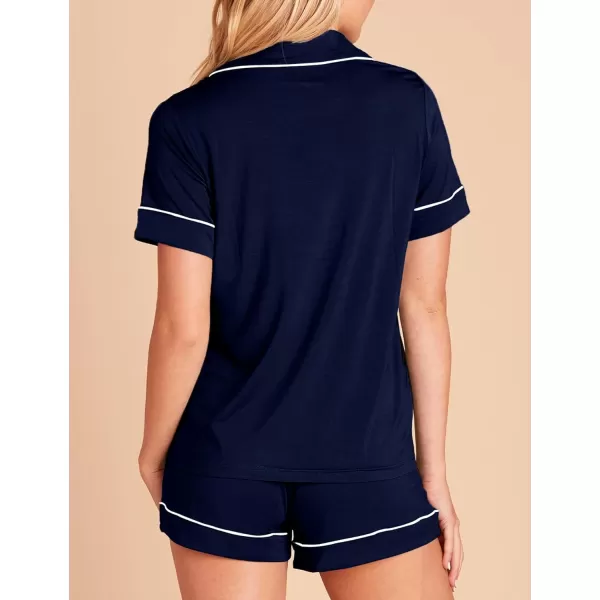 SWOMOG Pajamas for Women Soft Comfy Set Modal Pajama Set Short Sleeve Button Up Pajama Top Pj Shorts SleepwearNavy Blue