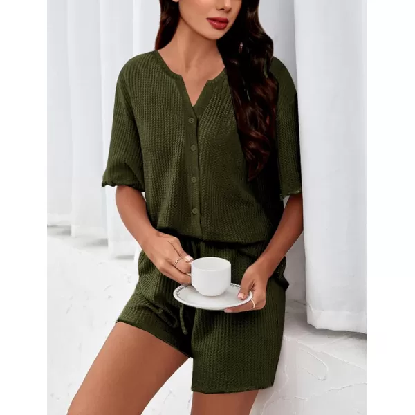 SWOMOG Women Pajama Set Button Down Short Sleeve Top and Shorts Waffle Knit Loungewear Sweatsuit 2 Piece Lounge SetArmy Green