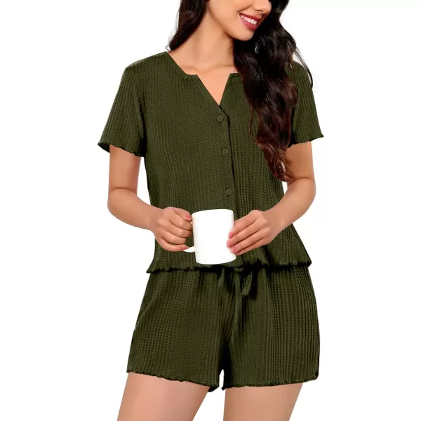 SWOMOG Women Pajama Set Button Down Short Sleeve Top and Shorts Waffle Knit Loungewear Sweatsuit 2 Piece Lounge SetArmy Green