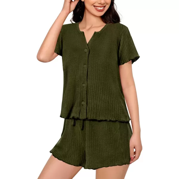 SWOMOG Women Pajama Set Button Down Short Sleeve Top and Shorts Waffle Knit Loungewear Sweatsuit 2 Piece Lounge SetArmy Green