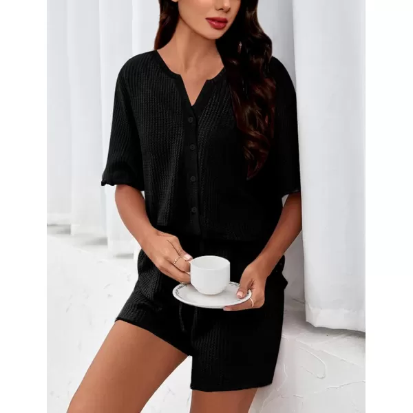 SWOMOG Women Pajama Set Button Down Short Sleeve Top and Shorts Waffle Knit Loungewear Sweatsuit 2 Piece Lounge SetBlack