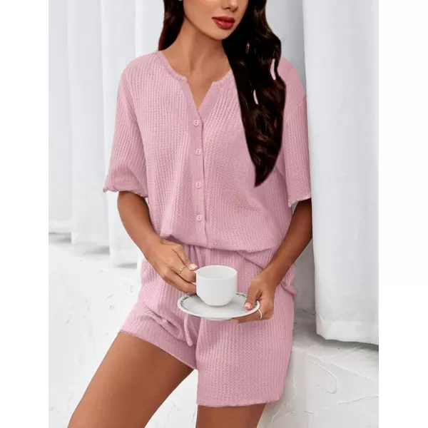 SWOMOG Women Pajama Set Button Down Short Sleeve Top and Shorts Waffle Knit Loungewear Sweatsuit 2 Piece Lounge SetDusty Pink