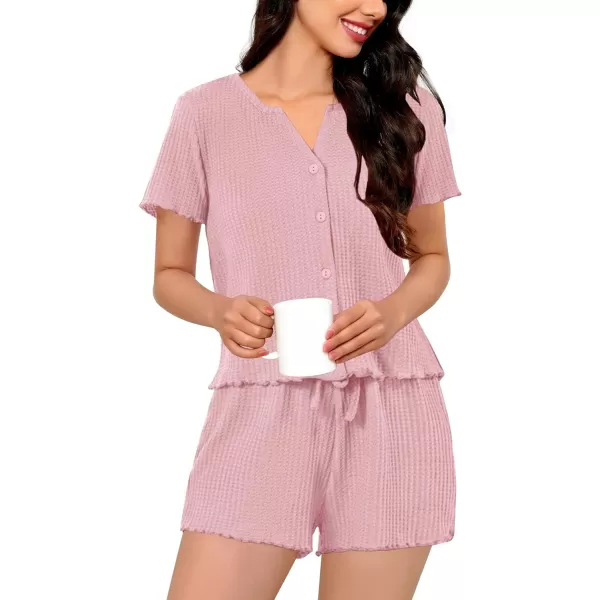 SWOMOG Women Pajama Set Button Down Short Sleeve Top and Shorts Waffle Knit Loungewear Sweatsuit 2 Piece Lounge SetDusty Pink