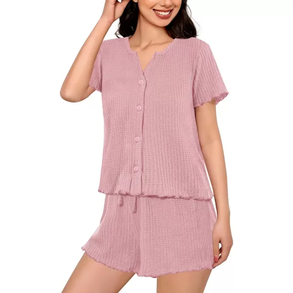 SWOMOG Women Pajama Set Button Down Short Sleeve Top and Shorts Waffle Knit Loungewear Sweatsuit 2 Piece Lounge SetDusty Pink