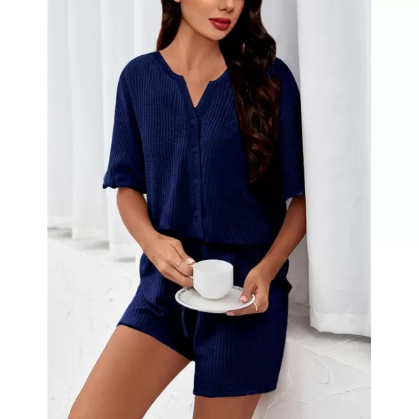 SWOMOG Women Pajama Set Button Down Short Sleeve Top and Shorts Waffle Knit Loungewear Sweatsuit 2 Piece Lounge SetNavy Blue