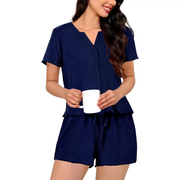 SWOMOG Women Pajama Set Button Down Short Sleeve Top and Shorts Waffle Knit Loungewear Sweatsuit 2 Piece Lounge SetNavy Blue