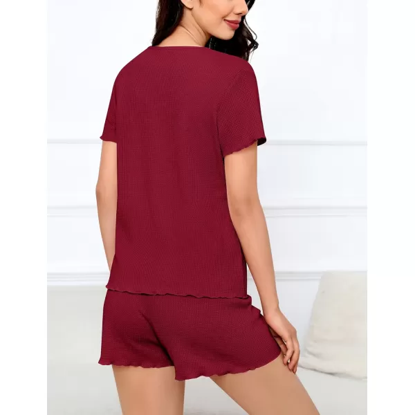 SWOMOG Women Pajama Set Button Down Short Sleeve Top and Shorts Waffle Knit Loungewear Sweatsuit 2 Piece Lounge SetWinered
