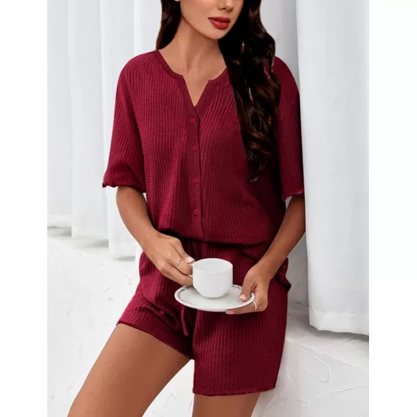 SWOMOG Women Pajama Set Button Down Short Sleeve Top and Shorts Waffle Knit Loungewear Sweatsuit 2 Piece Lounge SetWinered