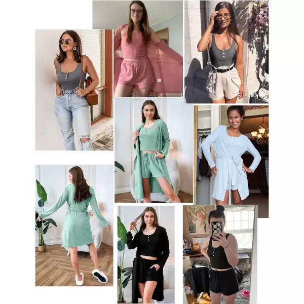 SWOMOG Womens 3 Piece Ribbed Knit Lounge Sets Pajama Sets Cardigan Loungewear Robe Tank Top and Shorts with PocketsBlack
