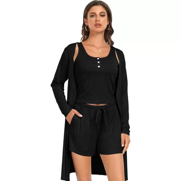 SWOMOG Womens 3 Piece Ribbed Knit Lounge Sets Pajama Sets Cardigan Loungewear Robe Tank Top and Shorts with PocketsBlack