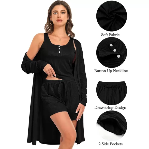 SWOMOG Womens 3 Piece Ribbed Knit Lounge Sets Pajama Sets Cardigan Loungewear Robe Tank Top and Shorts with PocketsBlack