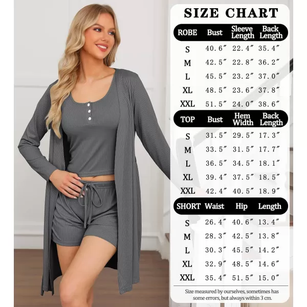 SWOMOG Womens 3 Piece Ribbed Knit Lounge Sets Pajama Sets Cardigan Loungewear Robe Tank Top and Shorts with PocketsDark Gray