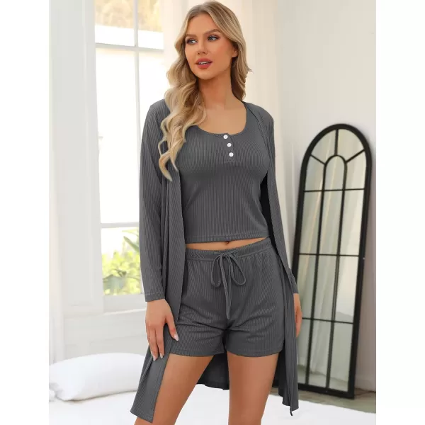 SWOMOG Womens 3 Piece Ribbed Knit Lounge Sets Pajama Sets Cardigan Loungewear Robe Tank Top and Shorts with PocketsDark Gray