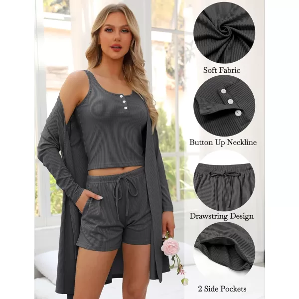 SWOMOG Womens 3 Piece Ribbed Knit Lounge Sets Pajama Sets Cardigan Loungewear Robe Tank Top and Shorts with PocketsDark Gray