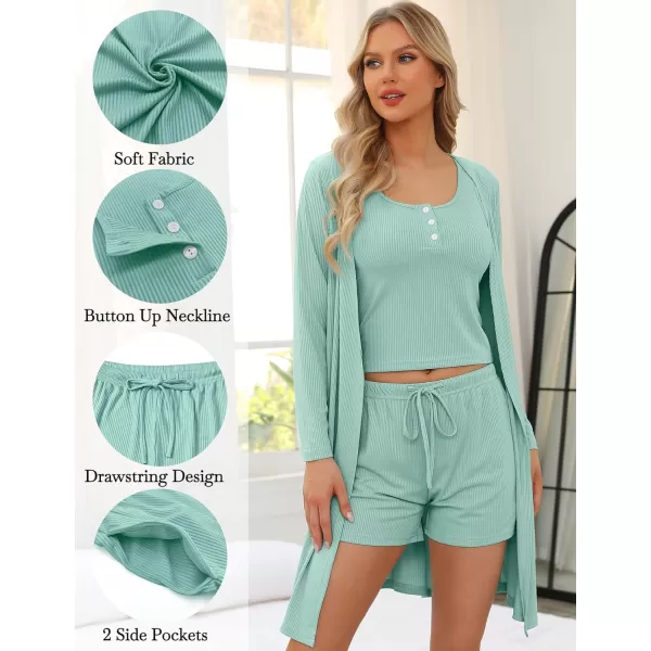 SWOMOG Womens 3 Piece Ribbed Knit Lounge Sets Pajama Sets Cardigan Loungewear Robe Tank Top and Shorts with PocketsGreen