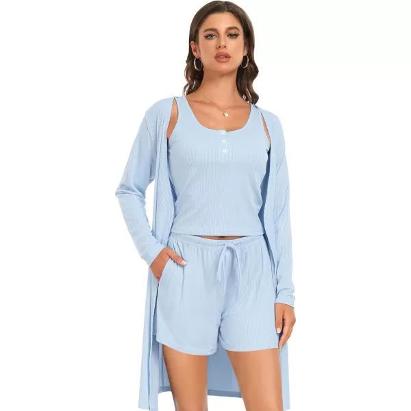 SWOMOG Womens 3 Piece Ribbed Knit Lounge Sets Pajama Sets Cardigan Loungewear Robe Tank Top and Shorts with PocketsLight Blue