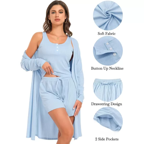 SWOMOG Womens 3 Piece Ribbed Knit Lounge Sets Pajama Sets Cardigan Loungewear Robe Tank Top and Shorts with PocketsLight Blue