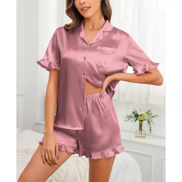 SWOMOG Womens Silk Satin Pajamas Set 2 Piece Ruffle Pjs Shorts Sets Button Down Sleepwear Notch Collar Bride LoungewearMisty Rose