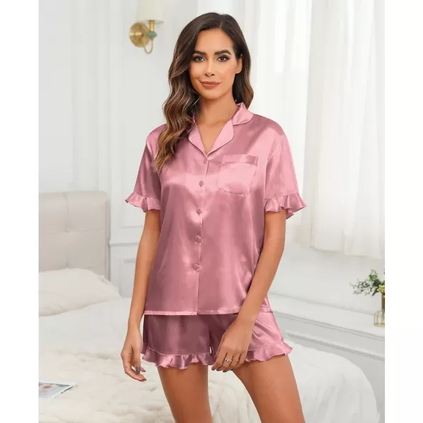 SWOMOG Womens Silk Satin Pajamas Set 2 Piece Ruffle Pjs Shorts Sets Button Down Sleepwear Notch Collar Bride LoungewearMisty Rose